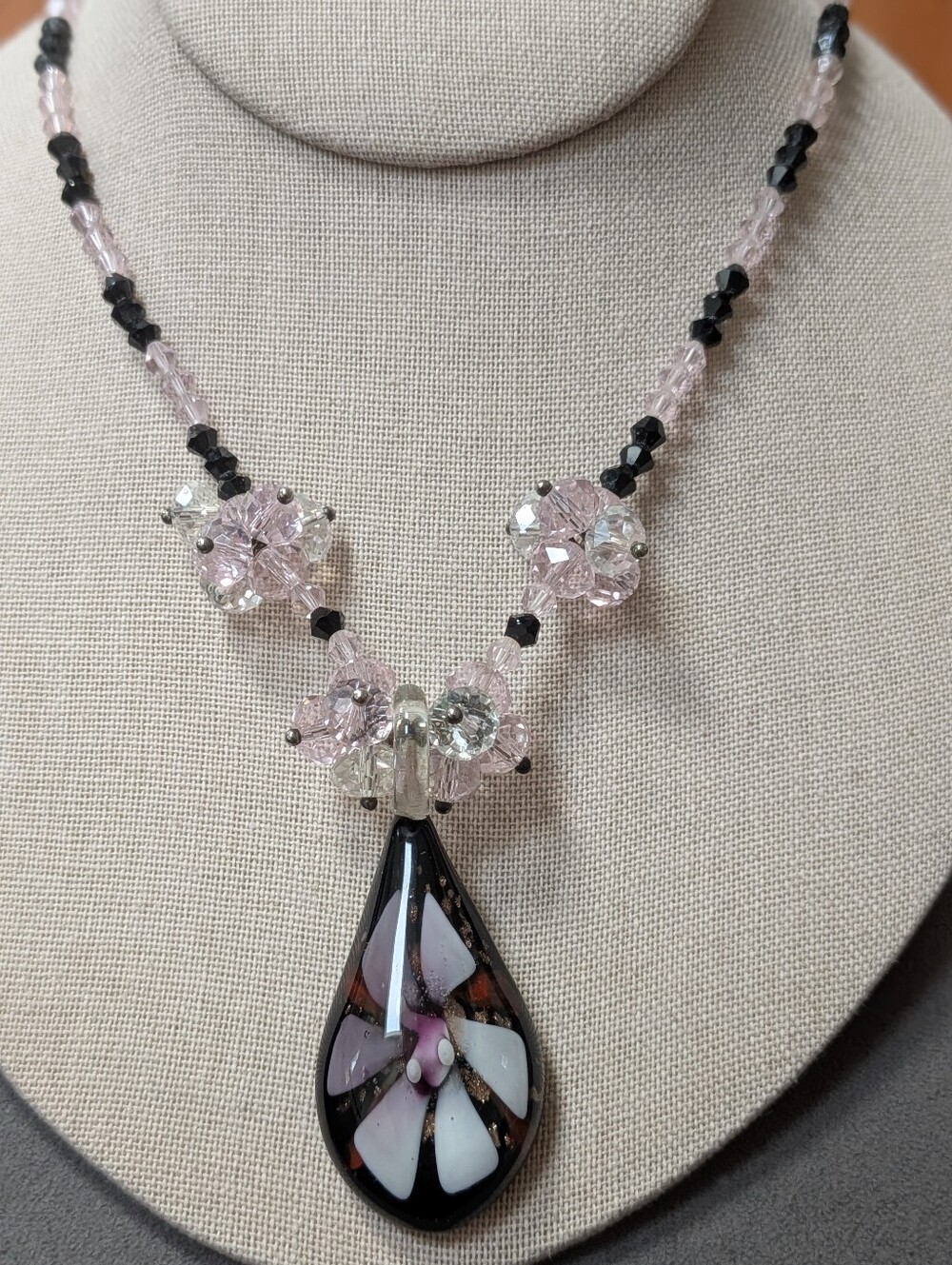 Vintage-Inspired Pink, Black & Clear Crystal Necklace with Art Glass Pendant